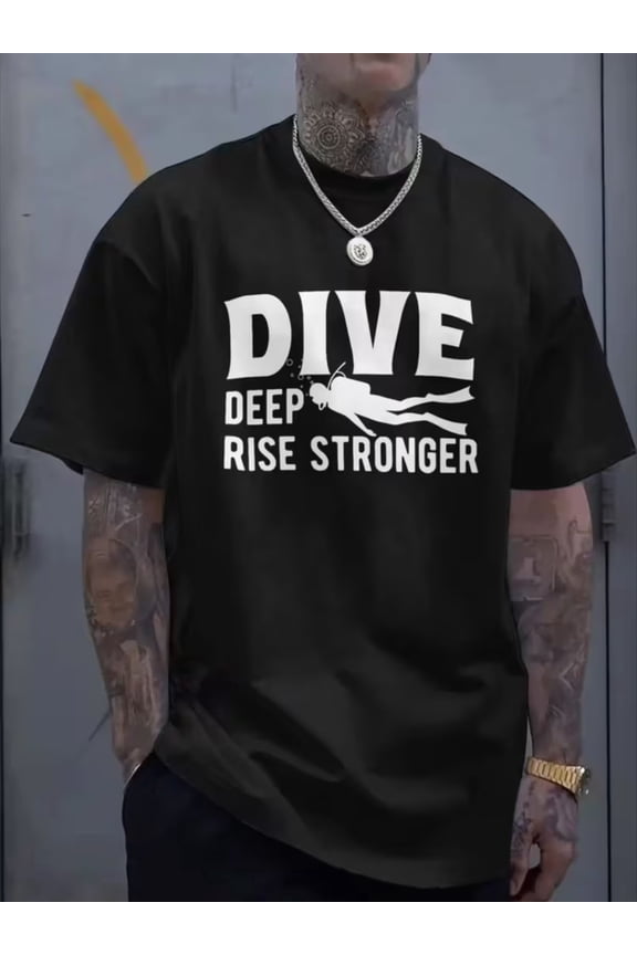 Men's Scuba Diving Graphic T-Shirt - Dive Deep Rise Stronger Motivational Short Sleeve Tee - Retro Athletic Summer Top for Men