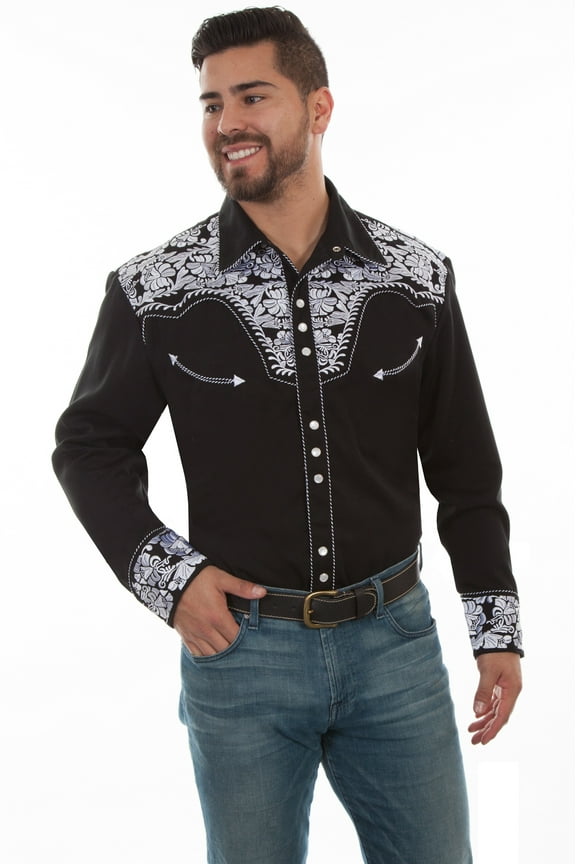 Men's Scully Snap Floral Tooled Embroidery Western Cowboy Rodeo Shirt Black and White