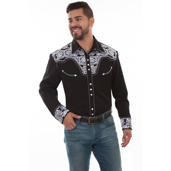 Men's Scully Snap Floral Tooled Embroidery Western Cowboy Rodeo Shirt Black and White