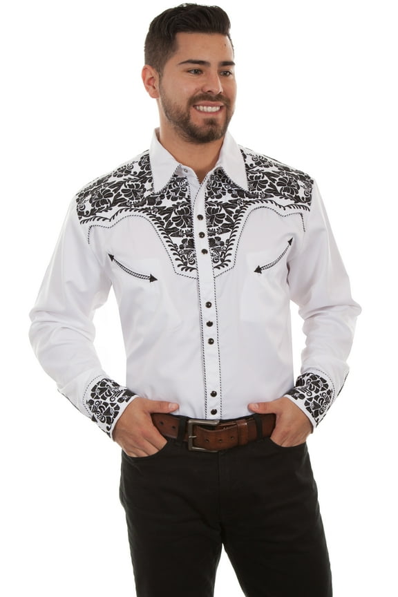 Men's Scully Snap Floral Tooled Embroidery Western Cowboy Rodeo Shirt White Black