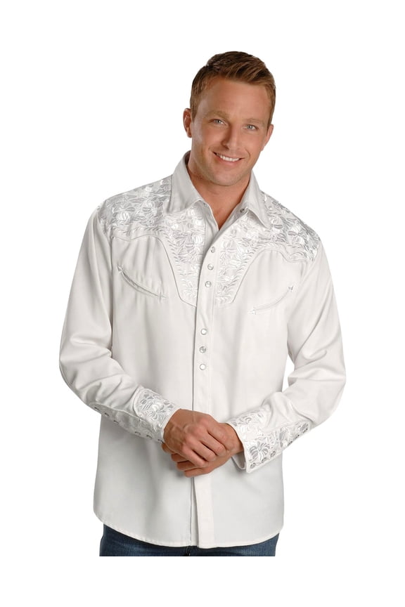 Men's Scully Snap Floral Tooled Embroidery Western Cowboy Rodeo Shirt White