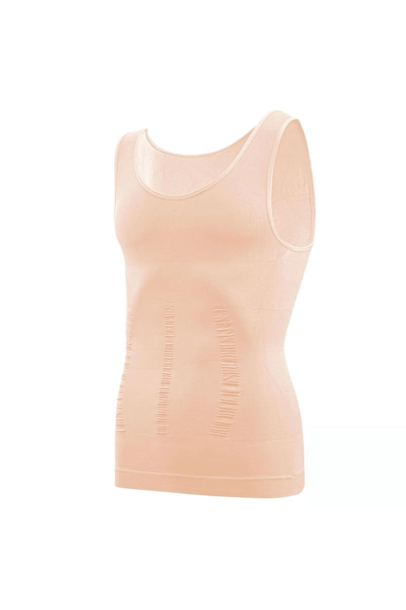 Men's Seamless Shapewear Tank Top, Slimming Waist & Chest Compression Vest, Solid Color Sleeveless Undershirt For Body Shaping Beige L