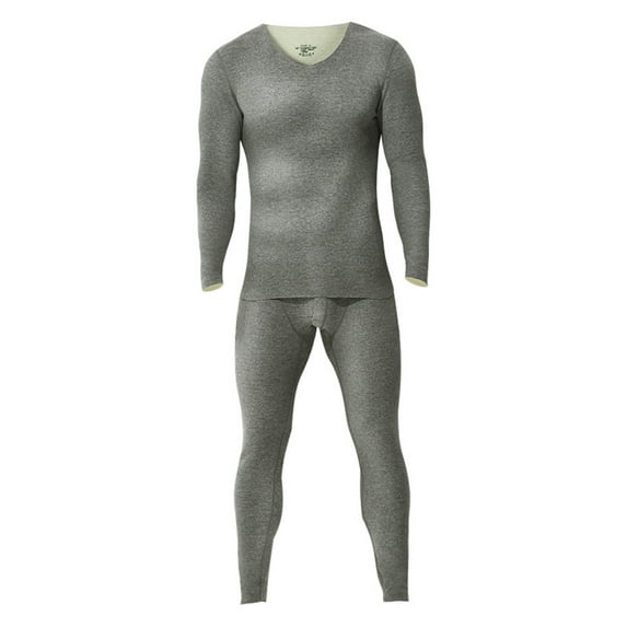 Men's Seamless Thermal Underwear Set , V-Neck Heavyweight Fleece Lined Thermal Base layers, Silk Wool Blend lining for Extreme Cold Protection, Gray, Size XL