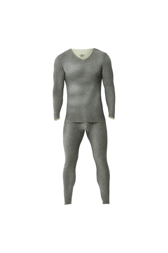 Men's Seamless Thermal Underwear Set , V-Neck Heavyweight Fleece Lined Thermal Base layers, Silk Wool Blend lining for Extreme Cold Protection, Gray, Size XL