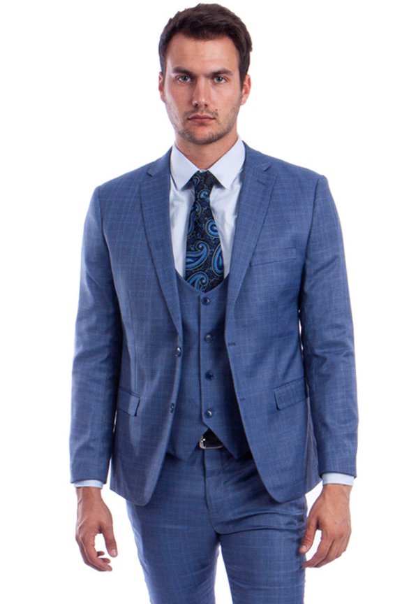 Men's Sean Alexander Suits Blue Plaid Suit With Vested Skinny Fit Size 46 Short