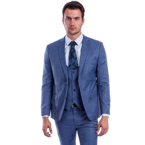 Men's Sean Alexander Suits Blue Plaid Suit With Vested Skinny Fit Size 50 Long
