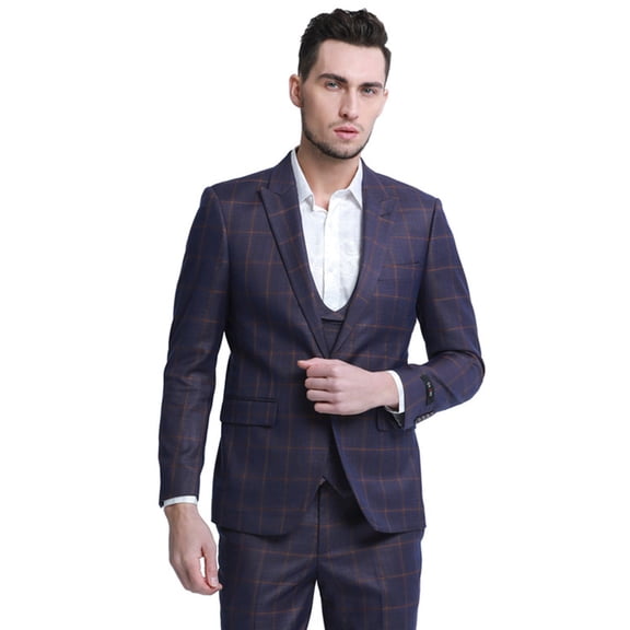 Men's Sean Alexander Suits Burgundy Plaid Slim Fit Suit With Double Breasted Vest Size 42 Long