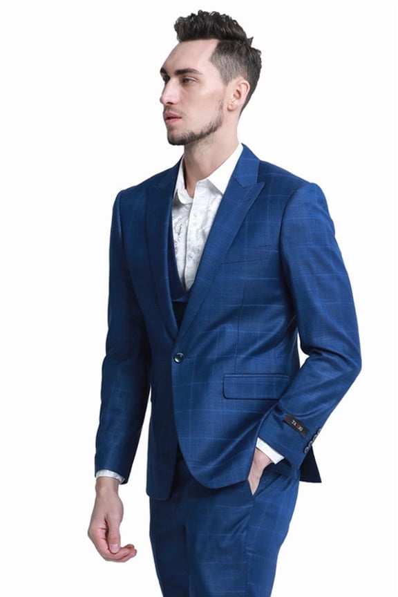 Men's Sean Alexander Suits Indigo Blue Plaid Slim Fit Suit With Vest Size 46 Long