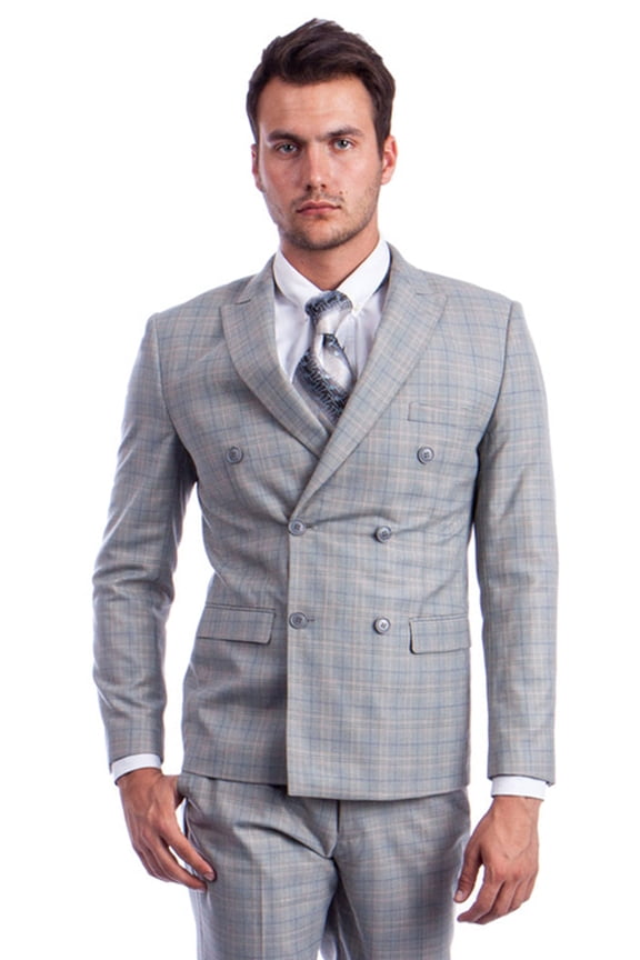 Men's Sean Alexander Suits Light Grey Glen Plaid Double Breasted Suit Slim Fit 50 Long