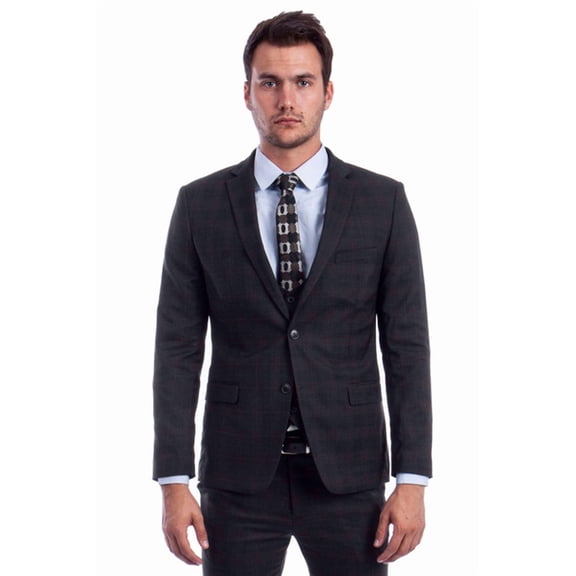 Men's Sean Alexander Suits Vested Slim Fit Suit Black Plaid Size 42 Long