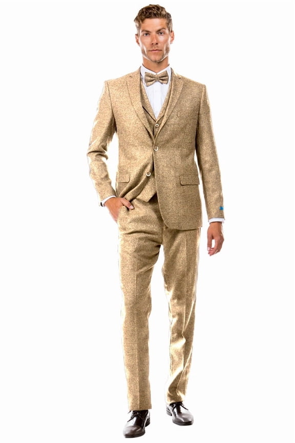 Men's Sean Alexander Suits Vintage-style Tweed Vested Suit Beige Size 42 Short