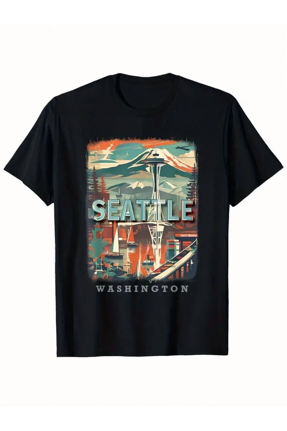 Men's Seattle WA Emerald City Skyline T-Shirt - Space Needle Graphic Vintage Travel Poster Design - Black Retro Washington State Tee - Regular Fit Short Sleeve Shirt for