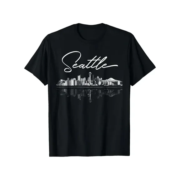 Men's Seattle WA Skyline T-Shirt - Space Needle Cityscape Graphic Tee in Black/White, Retro Washington State Shirt for Everyday & Special Occasions, Casual Wear, Skyline Print