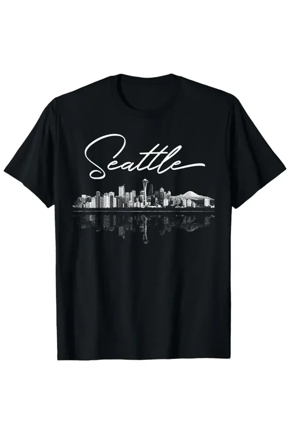Men's Seattle WA Skyline T-Shirt - Space Needle Cityscape Graphic Tee in Black/White, Retro Washington State Shirt for Everyday & Special Occasions, Casual Wear, Skyline Print