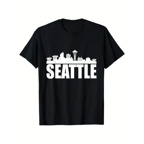 Men's Seattle Washington Skyline T-Shirt - Space Needle Graphic & Bold LETTERING - Black with White Print - Regular Fit Short Sleeve Tee - Machine Washable Seattleites Gift Apparel