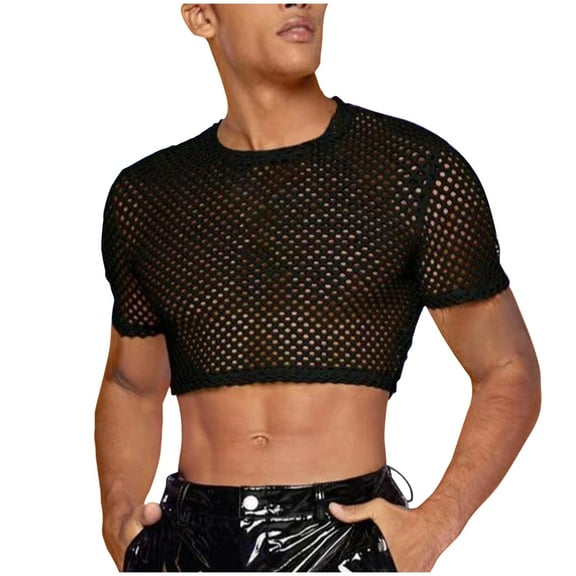 Men's See Through Fishnet Mesh Crop Tops Hollow Out Fishing Net Casual Solid Color Top Fitted Muscle Top