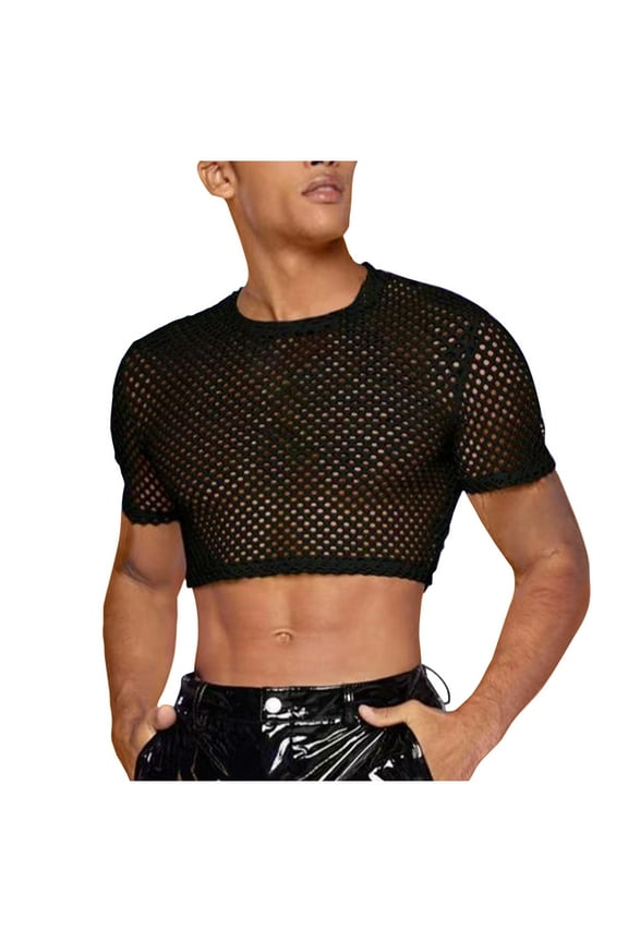 Men's See Through Fishnet Mesh Crop Tops Hollow Out Fishing Net Casual Solid Color Top Fitted Muscle Top