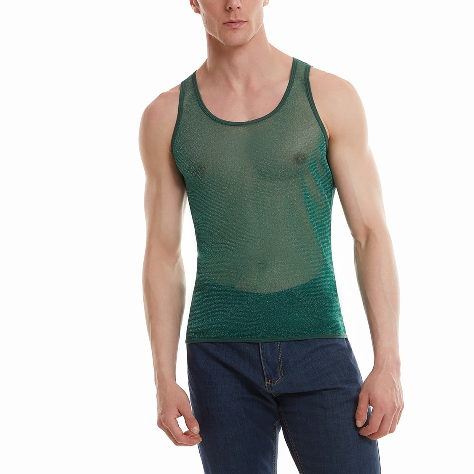Men s See Through Tank Top Sheer Mesh Sleeveless Shirt Shiny Workout Undershirt Color Green Size S Walmart