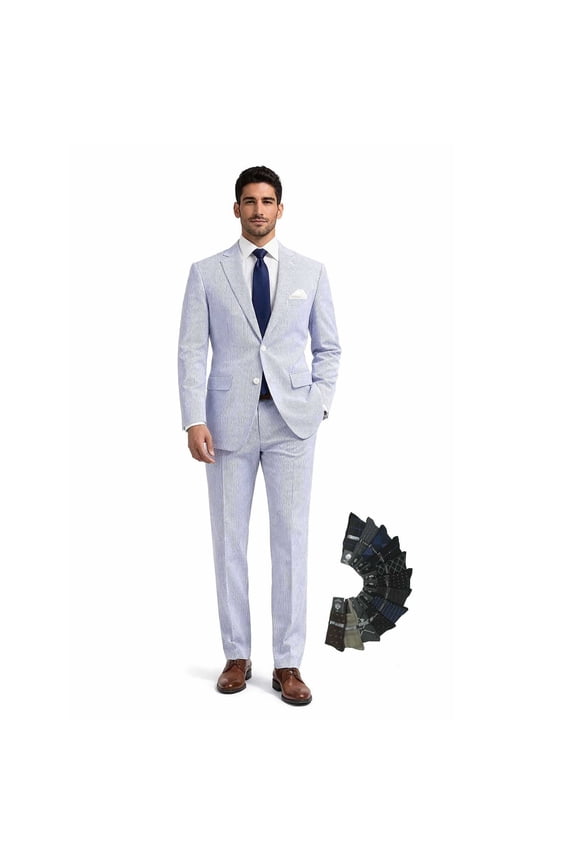 Men's Seersucker 2-Piece Suit – Modern Fit, Adjustable Waist, Lightweight, Includes Socks - Navy - 40R
