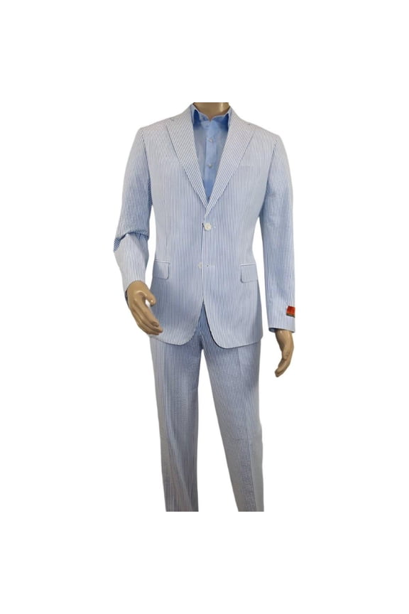 Men's Seersucker Suit Light Weight 100% Cotton By ENZO E58303-1 Blue