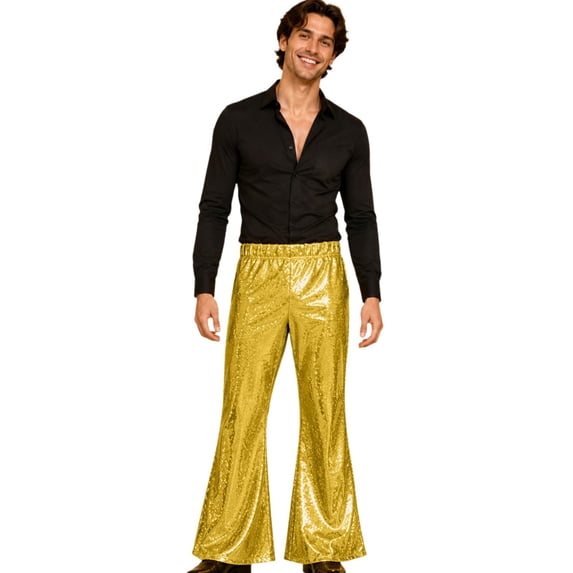 Men's Sequin Bell Bottom Pants 70s Retro Stretch Flared Trousers Gold 180