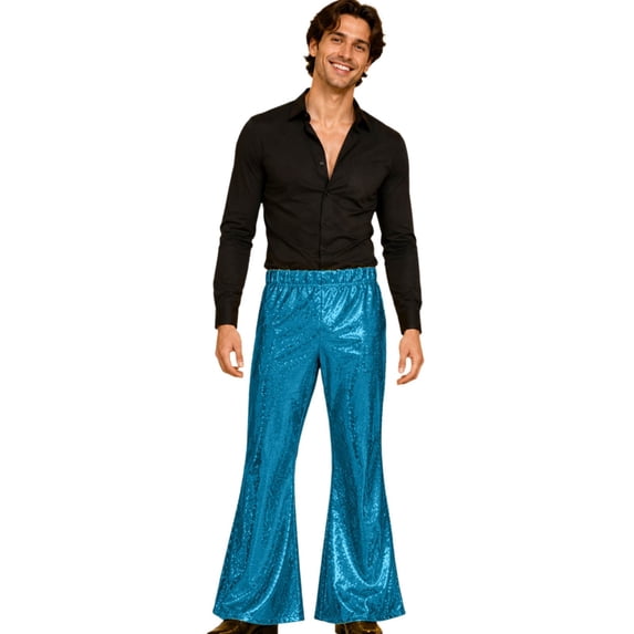 Men's Sequin Bell Bottom Pants 70s Retro Stretch Flared Trousers Light Blue 180