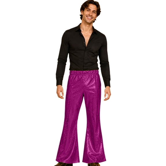 Men's Sequin Bell Bottom Pants 70s Retro Stretch Flared Trousers Pink 170
