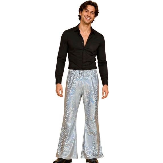 Men's Sequin Bell Bottom Pants 70s Retro Stretch Flared Trousers Silver 180