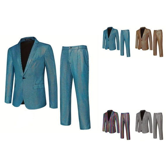 Men's Sequin Checkered Single Button Disco Party Stage Nightclub Dazzling Performance Suit Set Blazer