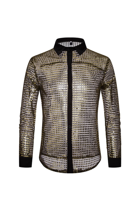 Men's Sequin Disco Party Shirt 70s Retro Long Sleeve Performance Lapel Top Stylish Comfortable Breathable Fashionable Men's Oversized Tee Summer Tops Streetwear