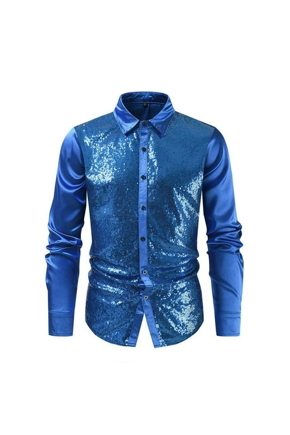 Men's Sequin Dress Shirt 70s Disco Long Sleeve Shiny Tops Solid Color Button Up Blouse Prom Party Costume