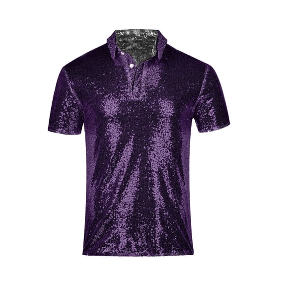 Men's Sequin Dress Shirt 70s Glitter T-Shirt Sparkle Party Vintage Short Sleeve Button Down Shirts Nightclub