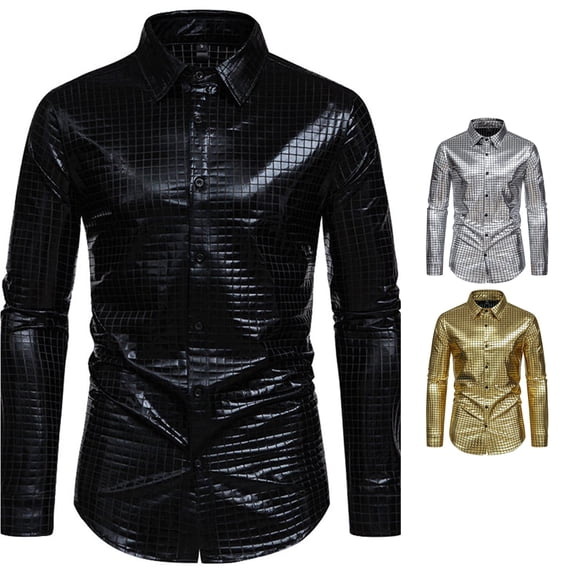 Men's Sequin Dress Shirt with Lapel Long Sleeve Button Down Bright Face T Shirt Black S