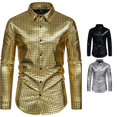 thumbnail image 1 of Men's Sequin Dress Shirt with Lapel Long Sleeve Button Down Bright Face T Shirt Gold 3XL, 1 of 6