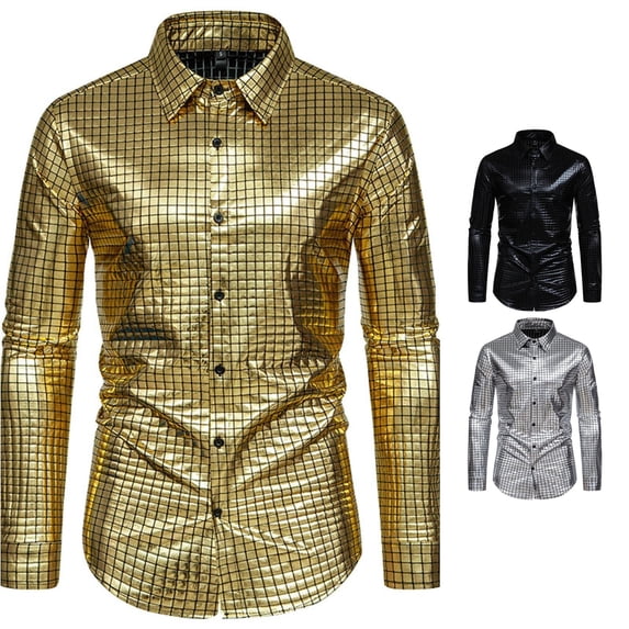 Men's Sequin Dress Shirt with Lapel Long Sleeve Button Down Bright Face T Shirt Gold 3XL
