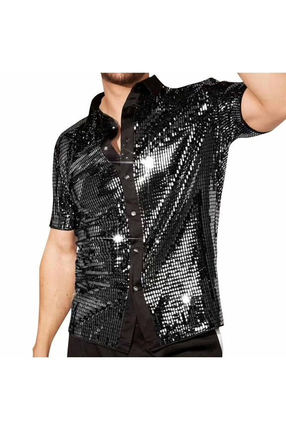 Men's Sequin Shiny Shirts Short Sleeve Button Down Shirts Casual Collared Slim Fit Summer Beach Party Holiday Shirts Tops