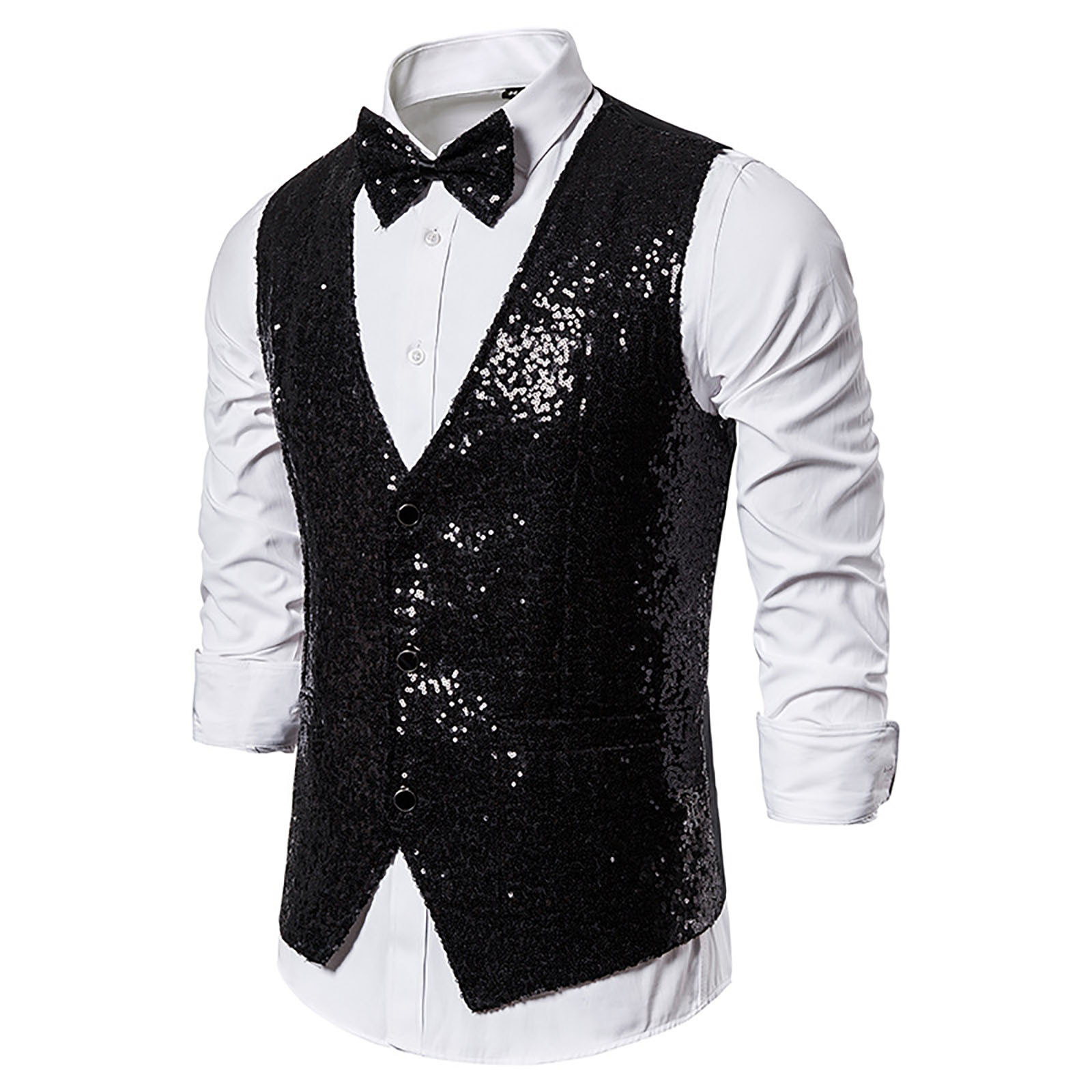 Men's Sequin Vest – Shiny Party Sleeveless Waistcoat Button V-Neck Tuxedo Jacket