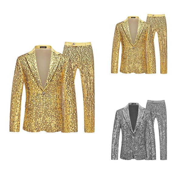 Men's Sequin Suit Fashionable Two Piece Shiny Dress Suit Sparkly Gold Silver Stylish Tuxedo Set for Party Wedding Dinner