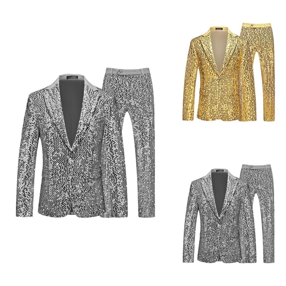 Men's Sequin Suit Fashionable Two Piece Shiny Dress Suit Sparkly Gold Silver Stylish Tuxedo Set for Party Wedding Dinner