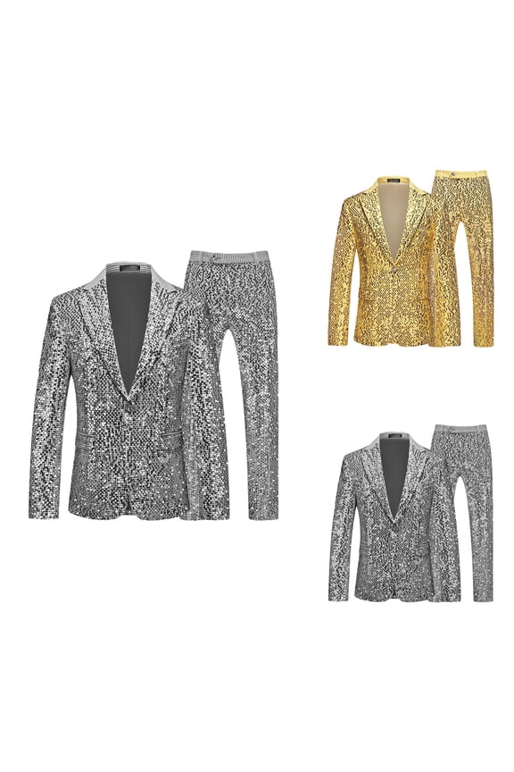 Men's Sequin Suit Fashionable Two Piece Shiny Dress Suit Sparkly Gold Silver Stylish Tuxedo Set for Party Wedding Dinner
