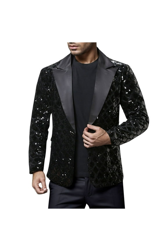 Men's Sequin Suit Jacket Party Blazer Velvet One Button Slim Fit Tuxedo for Wedding Prom Black M