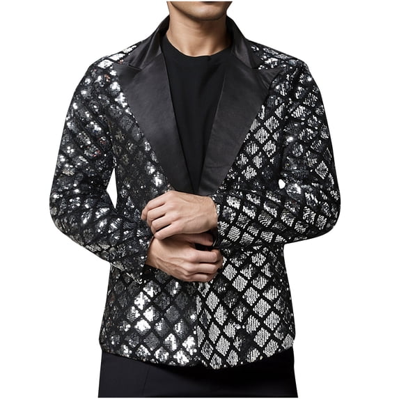 Men's Sequin Suit Jacket Party Blazer Velvet One Button Slim Fit Tuxedo for Wedding Prom Silver L