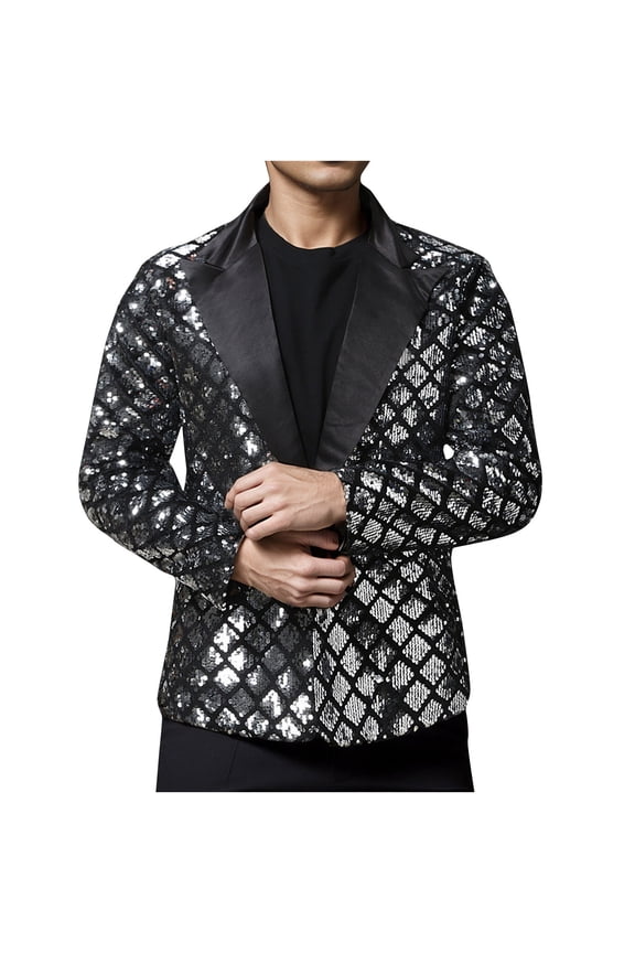 Men's Sequin Suit Jacket Party Blazer Velvet One Button Slim Fit Tuxedo for Wedding Prom Silver L