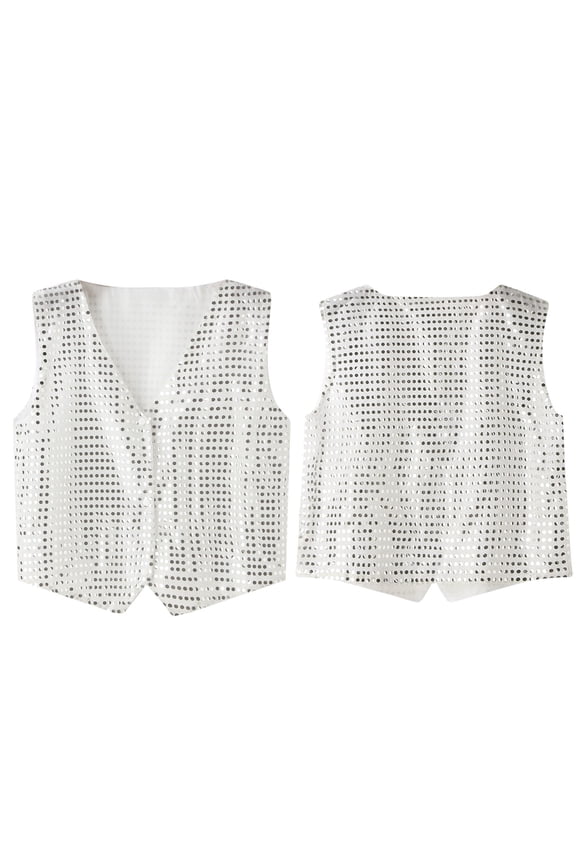 Men's Sequin V-Neck Sleeveless Vest, Slim Fit Single- Waistcoat, Glittery Sparkly Party , Disco Stage Performance Top, 6 Colors, Sizes S-XL