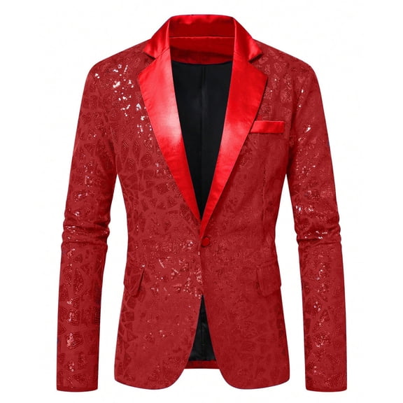 Men's Sequin Velvet Blazer One Button Lapel Collar Tuxedo Jacket Sport Coat for Party Nightclub Rave Stage Show Festive Holiday Apparel, Red, XL