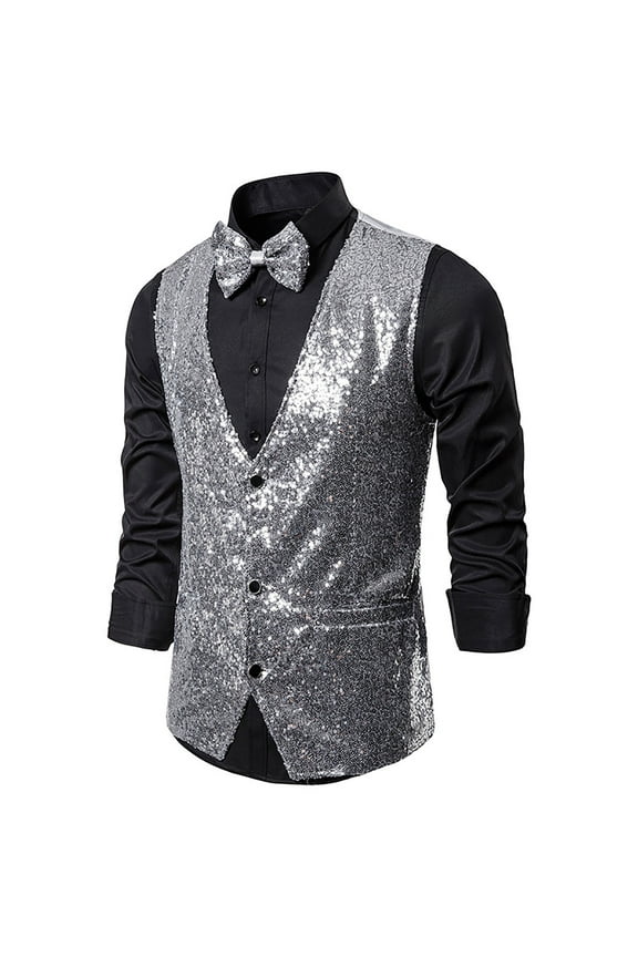 Men's Sequin Vest Suit Vest for Wedding Party Prom Nightclub Shiny Sequins Waistcoat Slim Fit Vest Blazer Silver L