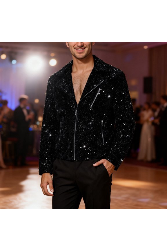 Men's Sequin Zip Jacket Fashion Long Sleeve Lapel Collar Performance Coat (Black M)