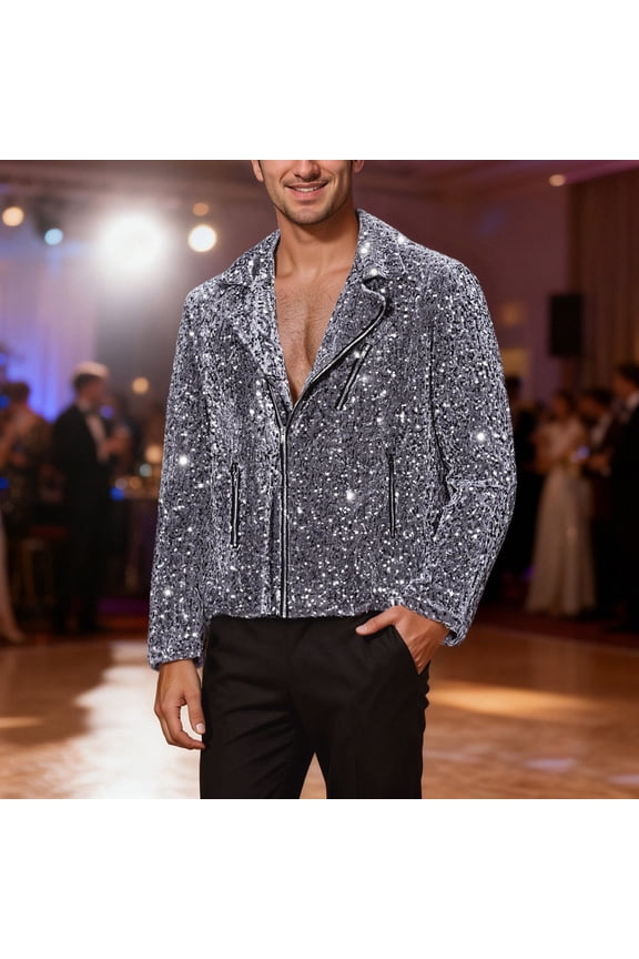 Men's Sequin Zip Jacket Fashion Long Sleeve Lapel Collar Performance Coat (Silver XXXS)