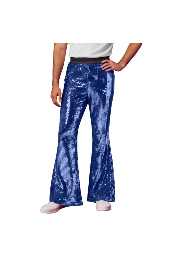 Men's Sequined Flared Pants Reflective Casual Trousers For Performances Blue L