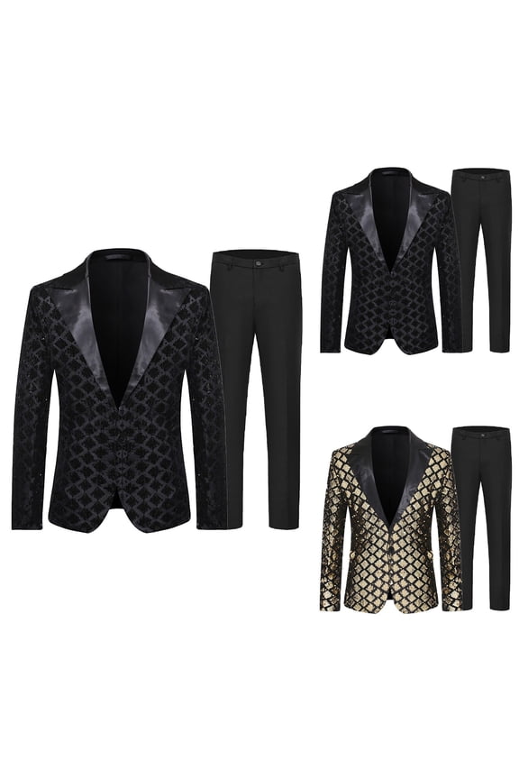Men's Sequined Floral Dinner Party Prom Wedding Stylish Tuxedo Suits One Button Dinner Jacket Pants Set